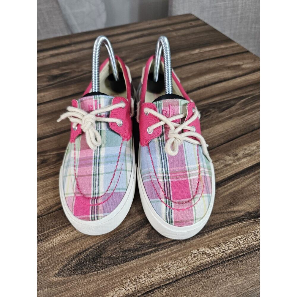 Lauren by Ralph Lauren Breeana Pink Plaid Print Canvas Boat Shoes Size Womens 7B - Picture 3 of 14